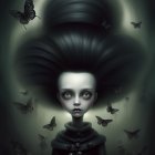 Gothic digital portrait with exaggerated updo and butterflies