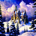 Snowy fairytale castle in twilight landscape