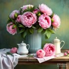 Colorful painting: pink peonies in glass vase with white jug on lace-clothed table