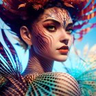 Colorful digital artwork of woman with intricate feathers and detailed facial markings