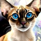 Siamese Cat Digital Artwork with Blue Eyes and Pink Roses