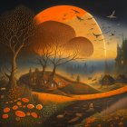 Vibrant sunset illustration with whimsical elements in warm tones