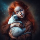 Curly Red-Haired Woman Holding Grey Kittens in Starry Setting