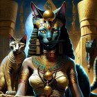 Regal anthropomorphic cat in Egyptian attire surrounded by statues