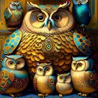 Colorful stylized owl family art on dark background