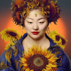 Golden-haired woman with sunflower accessory in digital portrait