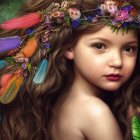 Young girl with floral wreath in wavy hair, dewdrops, dreamy gaze, mystical floral