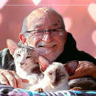 Smiling elderly man with two cats in lap, surrounded by pink hearts