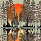 Surreal landscape with tall coniferous trees and eclipsed sun over mirrored water.