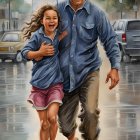 Man and girl happily walk under umbrella in rain-soaked street