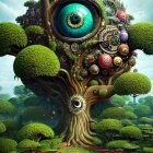 Fantastical landscape with whimsical trees, orbs, peacock, and vibrant colors