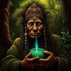 Tribal shaman with face paint holding a glowing green bowl in jungle.