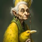 Elderly creature with banana-like head structures and bird features