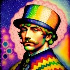 Colorful man with mustache in rainbow top hat on cosmic background