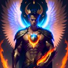 Mystical figure with white wings and flaming heart in golden armor