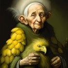 Elderly character in green and yellow feathers with exotic bird companions