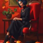 Elegant woman in gothic attire on red chair with oranges and flowers.