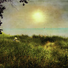 Person in straw hat sitting on beach chair by tranquil sea at sunset.