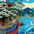 Traditional Asian Maritime Scene with Boats, Pagoda, Pine Trees, and Mountains