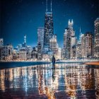 City skyline reflecting on water at night with illuminated skyscrapers and starlit sky