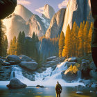 Person admiring waterfall in autumnal forest with mountains.