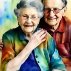 Elderly couple in colorful casual attire embracing warmly