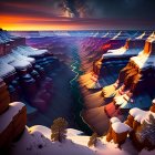 Snow-covered canyon with layered rock formations at vibrant sunset