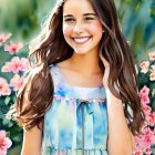 Stylized painting of young girl with wavy hair and rosy cheeks surrounded by bubbles and flowers