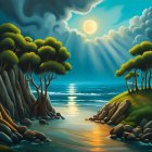 Colorful landscape painting: sunlit sea, radiant sky, lush greenery, rocky outcropp