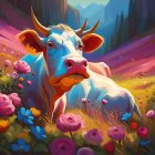 Vibrant illustration of large and small cows in colorful flower field