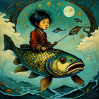 Child on giant fish with fishing rod in surreal underwater scene