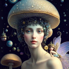 Fantasy illustration of female figure with mushroom hat, stars, planets, and fairy wings.