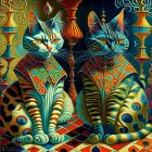 Ornate stylized cats in Ancient Egyptian-inspired art.