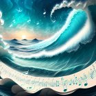 Stylized ocean wave merges with musical notes and sunset in visual metaphor.