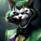 Stylized grinning cat with Joker-inspired look in green suit