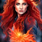 Colorful Digital Art: Woman with Red Hair and Scales on Cosmic Background