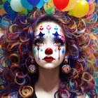 Vibrant makeup woman portrait with balloons and confetti