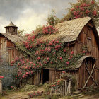 Weathered red roof on rustic barn covered in pink vines, surrounded by greenery under cloudy sky