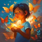 Young girl in blue dress with glowing butterflies in vibrant garden