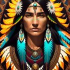 Detailed Native American headdress with feathers, beadwork, and face paint