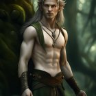 Pointy-eared elf with long hair in forest wearing Celtic jewelry.