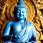 Blue and Gold Buddha Statue in Lotus Position with Intricate Golden Patterns