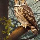 Owl perched on branch with yellow leaves under full moon