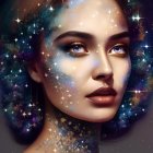 Portrait of woman with cosmic features and starry adornments against deep space backdrop