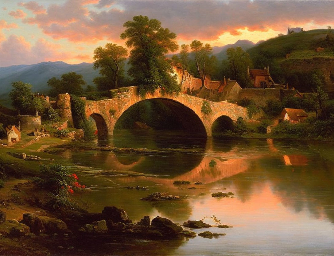 Tranquil landscape painting: old stone bridge, calm river, colorful sunset, village, rolling hills