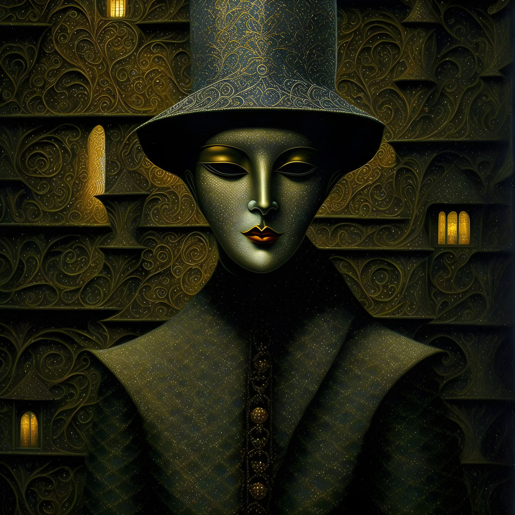 Golden portrait of figure with ornate hat on intricate background