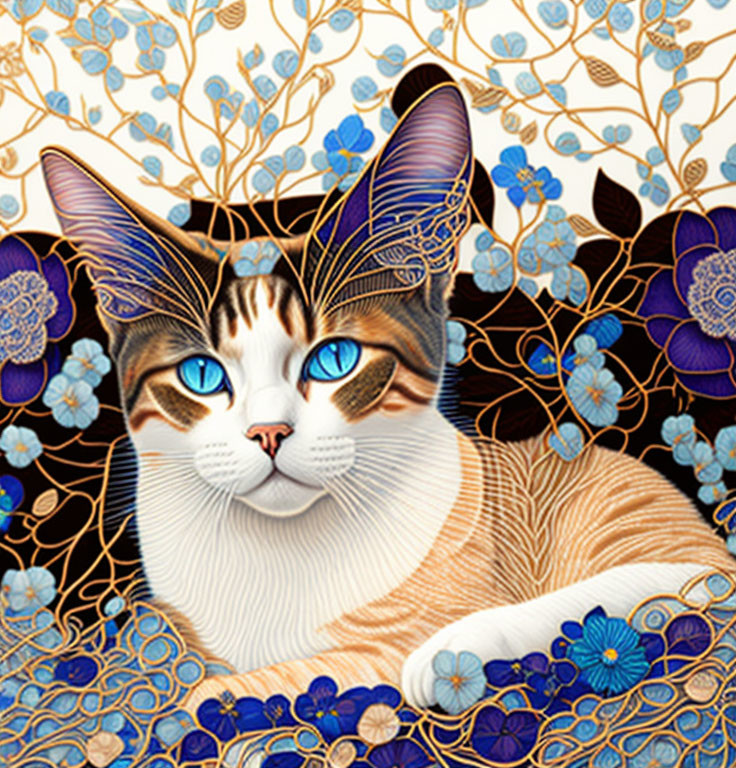 Vibrant cat portrait with blue eyes and gold floral backdrop