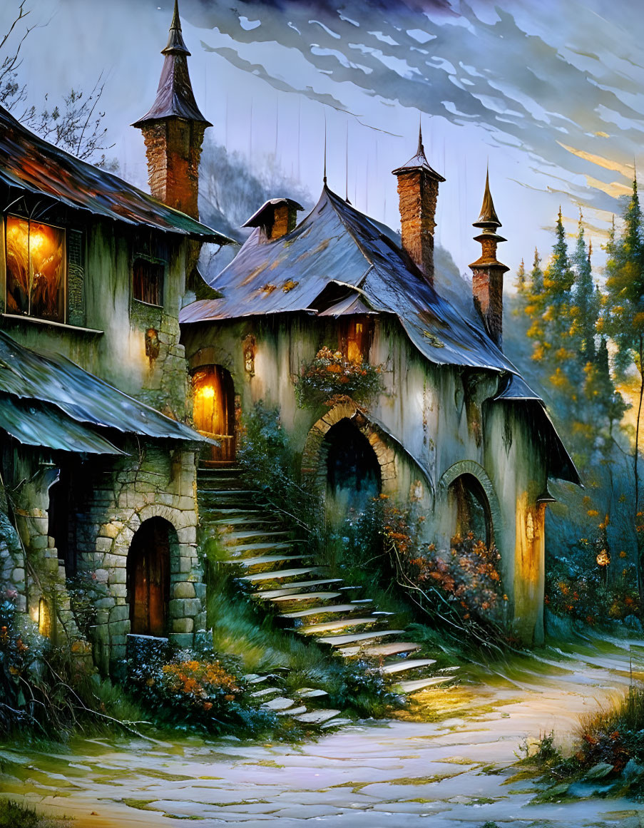 Mystical forest scene with old stone house and lit windows