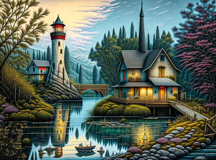 Tranquil landscape: lighthouse, house, lake, boat, trees, twilight sky