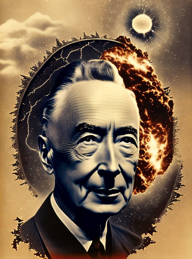 Vintage-style portrait of distinguished man with cosmic background and sun, clouds, fiery solar flare